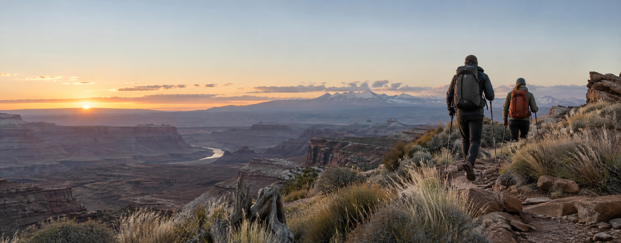 Hikers crossing a desert ridge at dawn